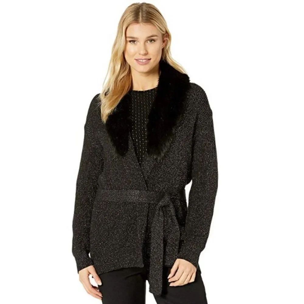 NWT MICHAEL KORS Black gold shimmer Faux Fur Collar Trim Cardigan Belted Sweater